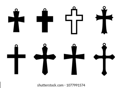 Set of the black earring crosses. Christian cross. Jewerly collection. Pendant. Vector illustration isolated on white background.