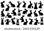 Set of black Easter bunny silhouettes in various poses, holding eggs and sitting. Cute rabbit clipart collection, ideal for Easter designs, crafts, and decorations. Isolated vector illustration