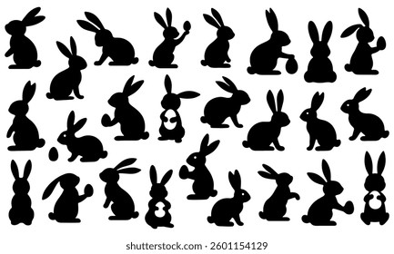 Set of black Easter bunny silhouettes in various poses, holding eggs and sitting. Cute rabbit clipart collection, ideal for Easter designs, crafts, and decorations. Isolated vector illustration