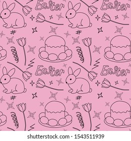 Set of black Easter doodles on a pink background, seamless pattern
