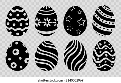 Set of black Easter eggs on png background, Easter symbol, decorative vector elements collection. Black silhouette collection of Easter eggs. Vector illustration on PNG background.