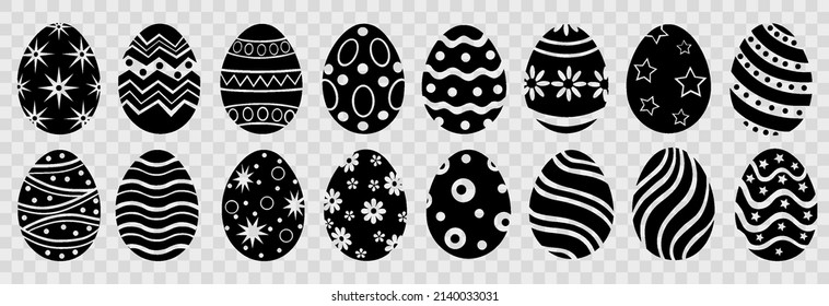 Set of black Easter eggs on png background, Easter symbol, decorative vector elements collection. Black silhouette collection of Easter eggs. Vector illustration on PNG background.