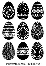 Set of Black Easter Eggs with Patterns on White Background, Vector Version