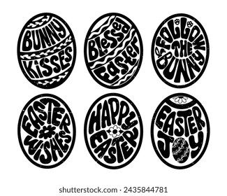 Set of black Easter grunge groovy stamps in egg shape with scratches. Hand drawn slogans foe easter holiday. Typographic flat isolated stickers