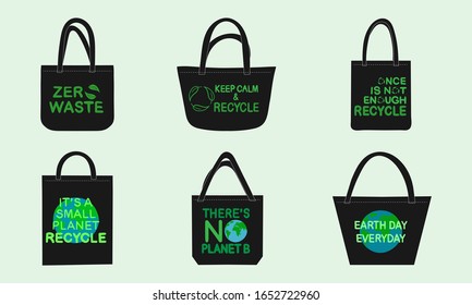 Set of black eco cloth fabric bags with ecology awareness slogans. Vector illustration of canvas tote bags. Quotes for environment concept. Vector illustration.