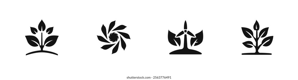 Set of black ecology icons. Collection of green energy logos. Wind energy icons vector. Earth ecology protection vector. Leaf icons set vector.