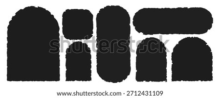 A set of black edge frames with jagged edges in rounded and arched shapes. Grunge-style elements.Curved vector silhouettes for collages, stickers, banners, labels, and text boxes