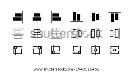 Set of black editing and formatting icons. Alignment icons collection. Align icons set. Outline symbol collection. Different tools for design.  Align signs and symbols set.  Vector graphic EPS 10