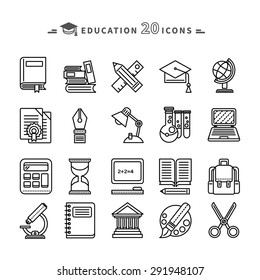 Set of black education thin, lines, outline icons. Items for study ruler, pencil, microscope, backpack, computer, palette, glasses on white background. For web and mobile applications 