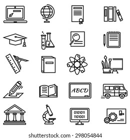 Set of black education thin, lines, outline icons. Items for study ruler, pencil, microscope, backpack, laptop, palette, diplome on white background. For web and mobile applications 