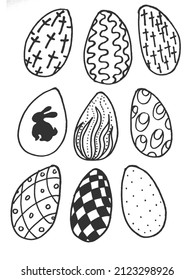 A set of black egg icons with ornament for Easter holidays design isolated on white background.