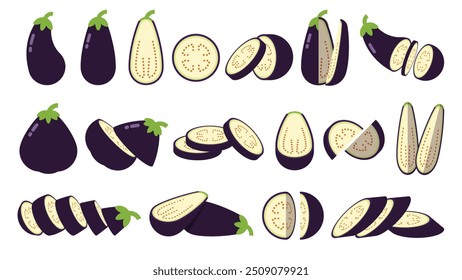Conjunto de berinjela preta, emblema de produto de berinjela fresca da fazenda para a mercearia, Slides, seções longas e transversais, e posições diferentes, ilustração vetor simples plana de legumes e frutas.