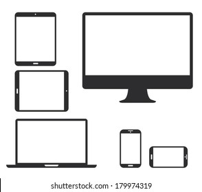 Set Of Black Electronic Device Silhouette Icons. Vector Illustration Of Smart Phone, Tablet, Laptop And Computer.