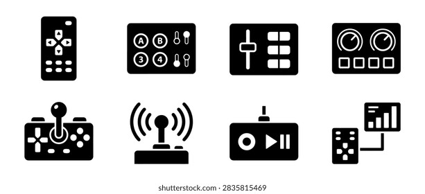 Set of black electronic remote control device icons