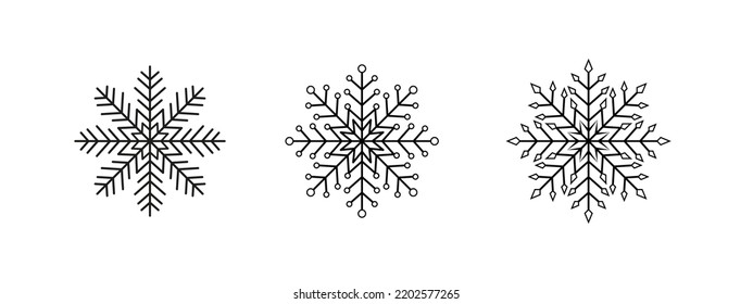 Conjunto de copos de nieve negros y elegantes sobre fondo blanco. Colección de iconos de copos de nieve ornamentada con estilo de mandala vectorial para su diseño, pegatinas, patrón y más.Conjunto de copos de nieve elegantes y negros sobre fondo blanco
