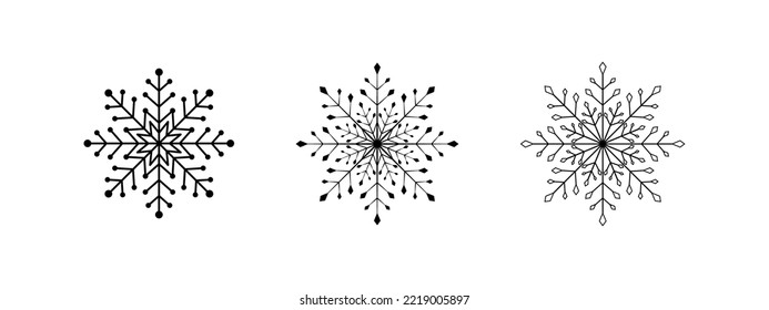 Conjunto de copos de nieve negros y elegantes sobre fondo blanco. Estilo de mandala vectorial ornamentar colección de iconos de copos de nieve para sus elementos de diseño, pegatinas, patrón y más.