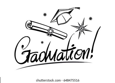 Set of black elements for the design of a school Graduation. Silhouette, vector, isolated on background, master hat, diploma, letters, globe and rose of winds.