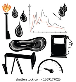 Set Of Black Elements Of Oil Production Equipment. Hand Drawn Vector Illustration In Cartoon Flat Style. Oil Drops, Infographic, Derrick, Gas Meter, Gasstation, Flare For Decorating Web Design