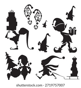 A set of black elf figures with gifts, trees, and fantasy elements, ideal for Christmas stories, cards, or playful holiday designs.  