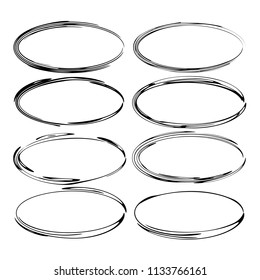 Set of black ellipse grunge frames. Oval empty  borders. Vector illustration. 