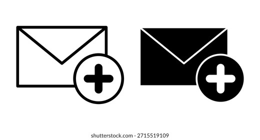 Un conjunto de íconos de correo electrónico negros agregados con sobres con signos de más, ideal para App, paneles, Sitios web y herramientas de comunicación. Adecuado para la creación de mensajes, sistemas de flujo de trabajo y diseños de interfaces digitales.