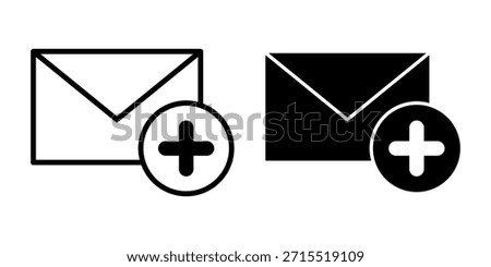 A set of black email add icons featuring envelopes with plus signs, ideal for apps, dashboards, websites, and communication tools. Suitable for message creation, workflow systems, and digital interface designs.