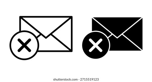 Un conjunto de iconos de Borrar de correo electrónico negro con sobres y marcas de Borrar, adecuado para la eliminación de mensajes, limpieza de la bandeja de entrada, sistemas de gestión de correo electrónico y diseños de interfaz digital.