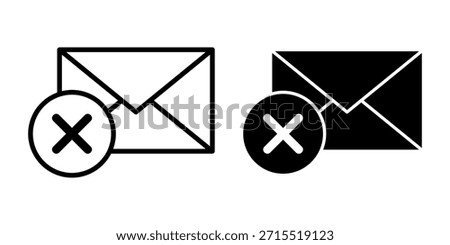 A set of black email delete icons with envelopes and delete marks, suitable for message removal, inbox cleanup, email management systems, and digital interface designs.