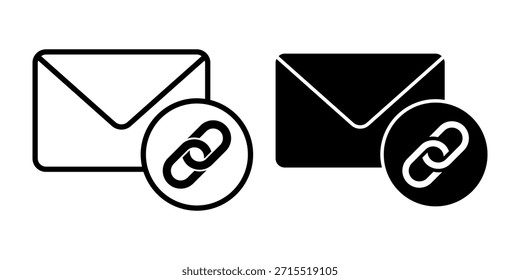 Un conjunto de íconos negros de Enlace de correo electrónico con sobres con símbolos de hipervínculo. Adecuado para mensajería conectada, contenido compartido, herramientas de integración e interfaces digitales.