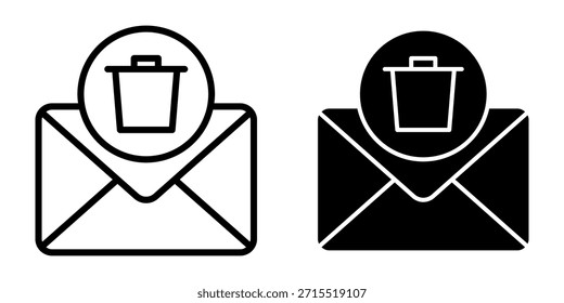 Um conjunto de ícones pretos de email com símbolos de envelope e bin para limpeza de caixa de entrada, eliminação de mensagens e ferramentas de comunicação digital.