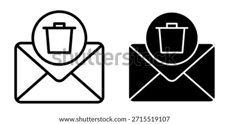 A set of black email trash icons with envelope and bin symbols for inbox cleanup, message disposal, and digital communication tools.