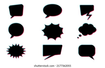 Set of Black Empty Speech Bubbles. Collection of Web or Social Media Speech Bubbles of Different Shapes. Black Chat Balloons for Text. Isolated Vector Illustration.