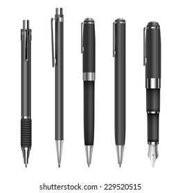 Set of black engineering and office pens and pencils, vector illustration