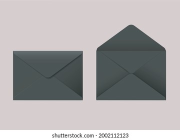 Set of black envelopes. Closed and open templates. 3d Vector realistic envelopes isolated on beige background. 