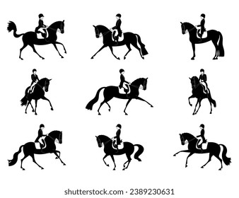 Set of black equestrian dressage silhouettes. Vector illustration isolated on white