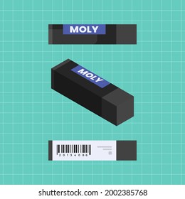 Set of Black Eraser or Rubber In Different Views Isolated On Blue Tosca Grid Background