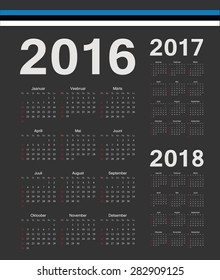 Set of black Estonian 2016, 2017, 2018 year vector calendars. Week starts from Sunday.