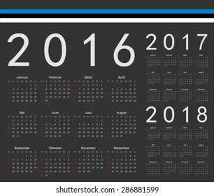 Set of black Estonian 2016, 2017, 2018 year vector calendars. Week starts from Sunday.