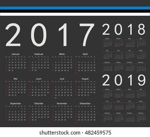 Set of black Estonian 2017, 2018, 2019 year vector calendars. Week starts from Sunday.