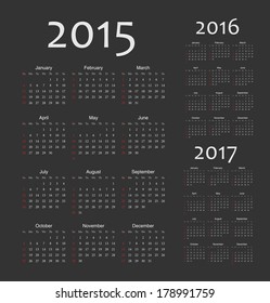 Set of black european 2015, 2016, 2017 year vector calendars. Week starts from Sunday.