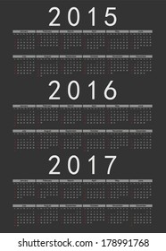 Set of black european 2015, 2016, 2017 year vector calendar. Week starts from Sunday.