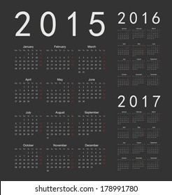 Set of black european 2015, 2016, 2017 year vector calendars. Week starts from Monday.