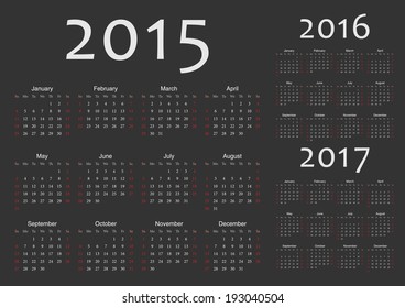 Set of black european 2015, 2016, 2017 year vector calendars. Week starts from Sunday.