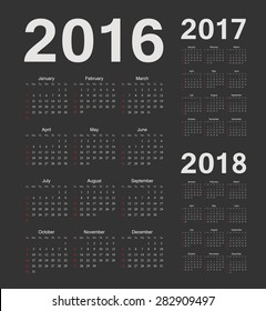 Set of black european 2016, 2017, 2018 year vector calendars. Week starts from Sunday.