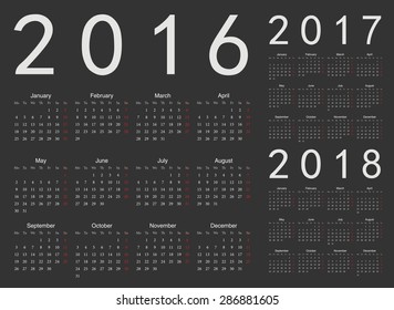 Set of black European 2016, 2017, 2018 year vector calendars. Week starts from Monday.