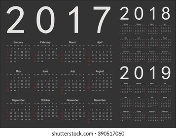 Set of black european 2017, 2018, 2019 year vector calendars. Week starts from Sunday.