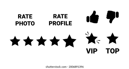 Set of black evaluation icons for dating site, for social networks, for communication on Internet. Black silhouette icons, simple concept - rating with stars, like or dislike, VIP and TOP status.