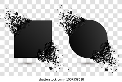 Set of black explosion banners. Square and circle destruction shapes with debris isolated on checkered background. 3d effect of particles.