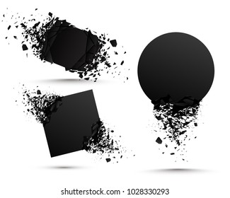 Set of black explosion banners. Square and circle destruction shapes with debris isolated on white background. 3d effect of particles.