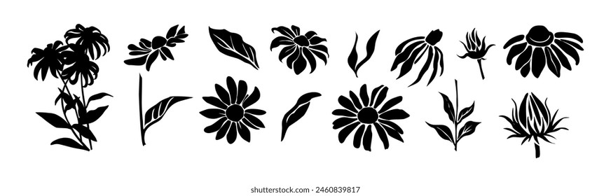 Set of Black eyed Susan, Rudbeckia flower and leaves silhouettes. Hand drawn floral design elements, icons, shapes. Black and white outline illustrations isolated on transparent background. Not AI